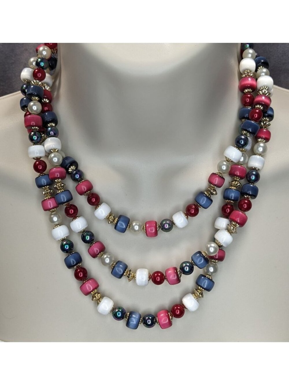 Retro Americana Vintage Japan Multi Strand Red White Blue Beaded Necklace